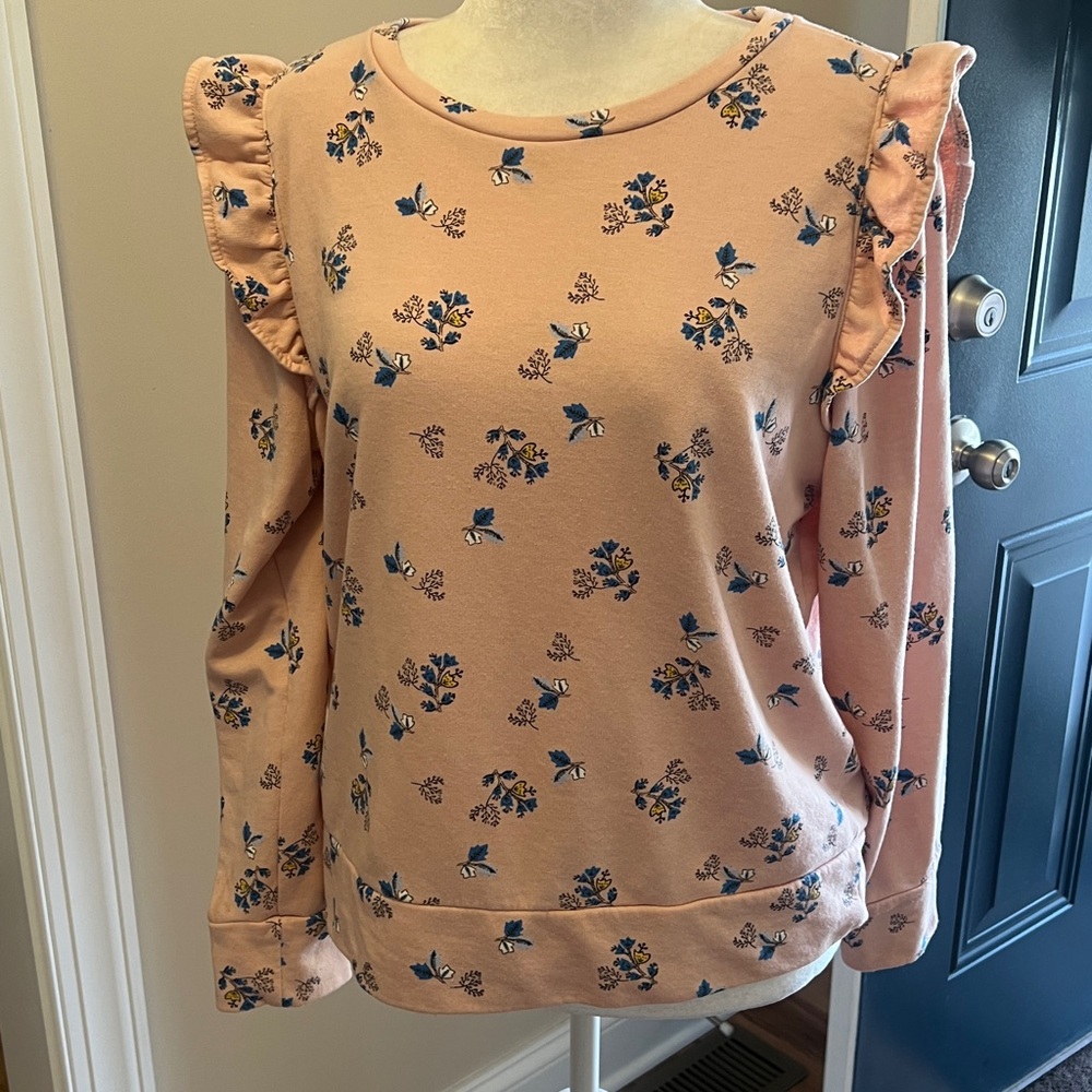 LOFT Floral Ruffle Sweatshirt Peach Cottagecore Top Large